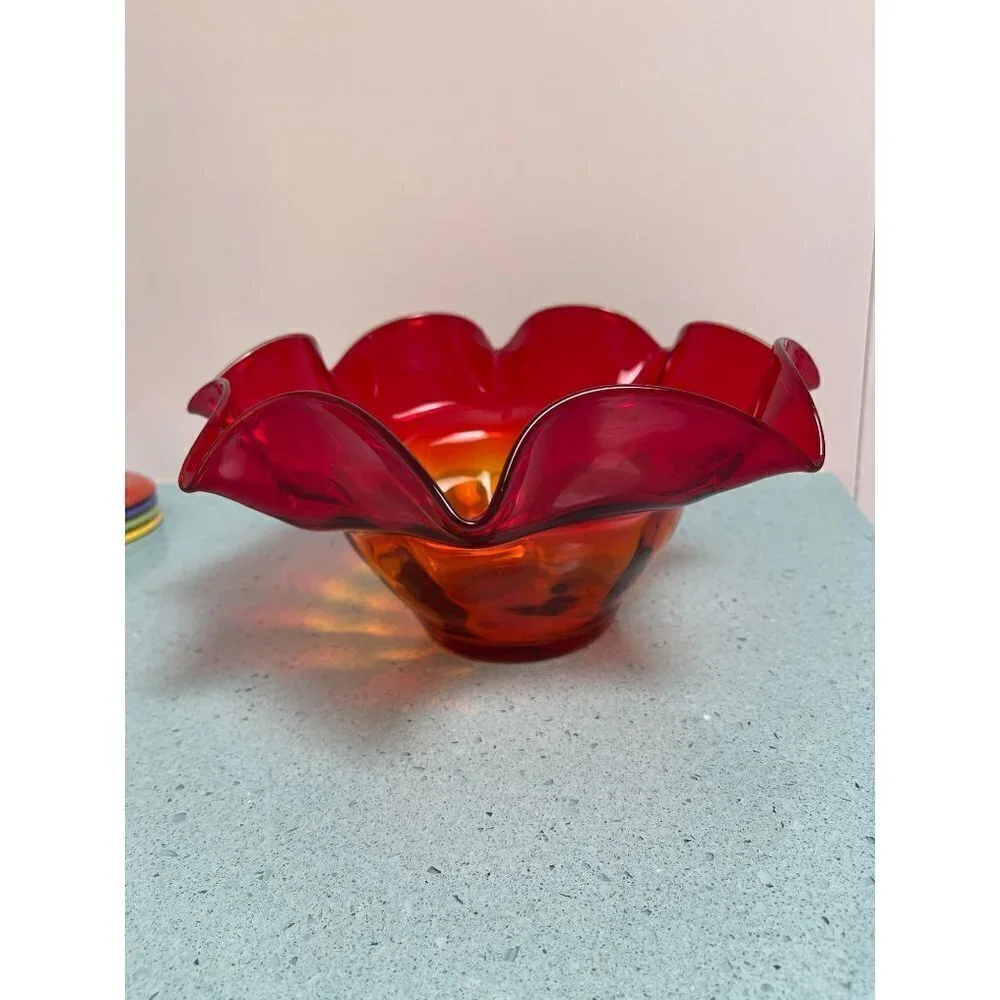 Blenko Vintage Amberina Ruffle Bowl Red Size Large Mid Century Modern MCM Orange
